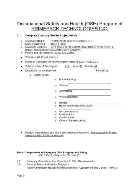 osh program template|OSH Program Template (RA 11058) .